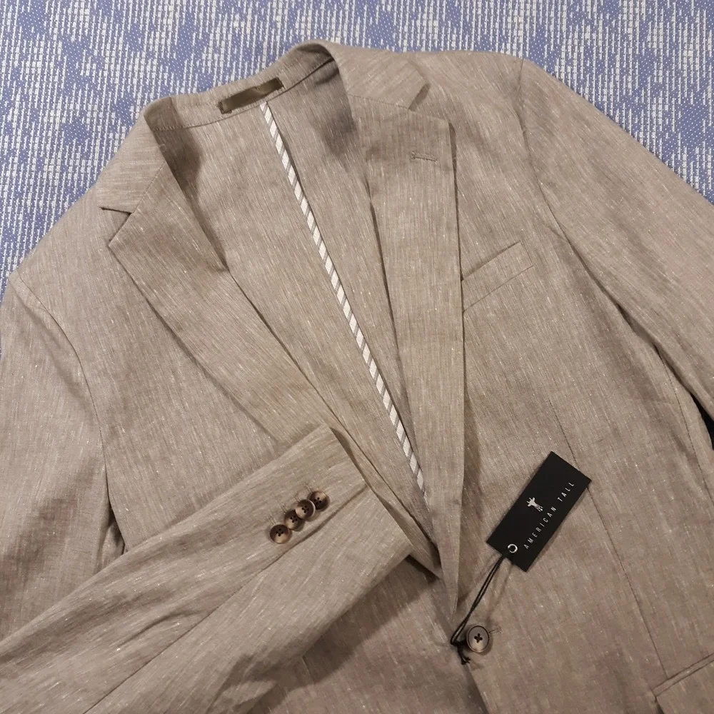 American Tall Linen Blend Blazer Jacket Mens 40 Tall Beige Unstructured NEW